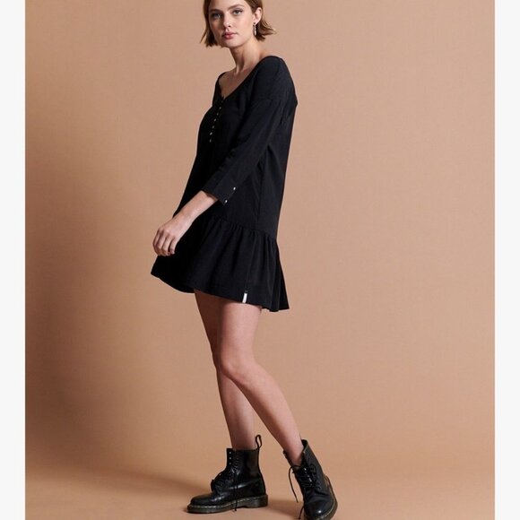 One Teaspoon Rango Black Lyocell Scoop Neck Ruffle Hem Mini Dress Size Medium M - Picture 2 of 15